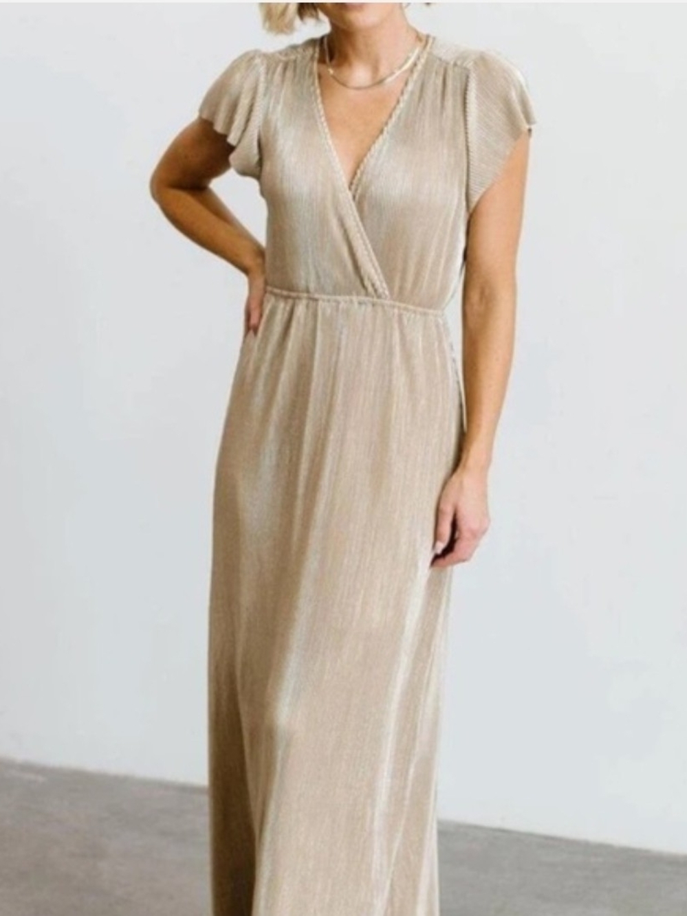Baltic Born Tall Girl Friendly Gold Pleated Faux Wrap V- Neck Maxi Dress